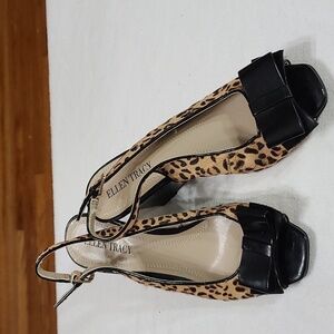Ellen Tracy Womens Slingback Wedge Shoes Cheetah Print Cow Hair Blk Bow Sz 6 GUC